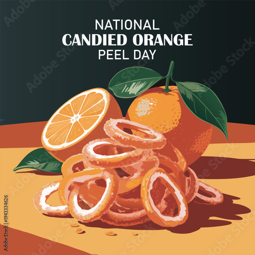 Vibrant illustration of candied orange peel pieces piled attractively, alongside a sliced orange, set against a warm, gradient orange background. Delicious Candied Orange Peel Celebrates National Day