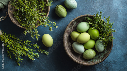 Fresh speckled eggs in rustic bowls with sprigs of greenery on dark moody background for spring celebrations.