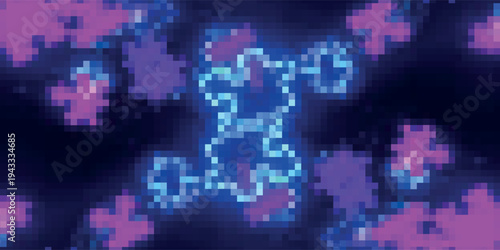 Purple Yellow looped abstract psychedelic digital cyberspace code. Concept glitch background 3D Illustration as crypto currency, NFT, video gaming overlay with cryptography hex code for live stream.