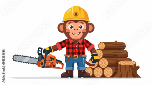 Charming cartoon monkey dressed as a construction worker, holding a chainsaw, and standing next to a pile of logs and a tree stump