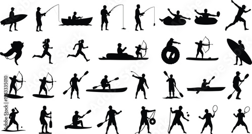 Black silhouette collection of people walking dogs, families with children, couples with umbrellas, and commuters on bicycles and motorbikes isolated