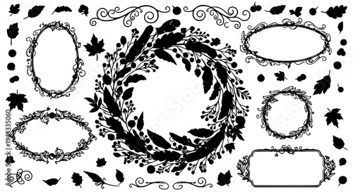 Frames floral vector set with black leaves and elegant swirling lines ornate details featuring borders, illustrations,
