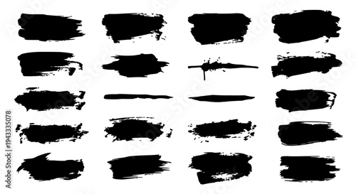 Brushstrokes black grunge set with rough textured strokes and smudges on white background featuring artistic, abstract,