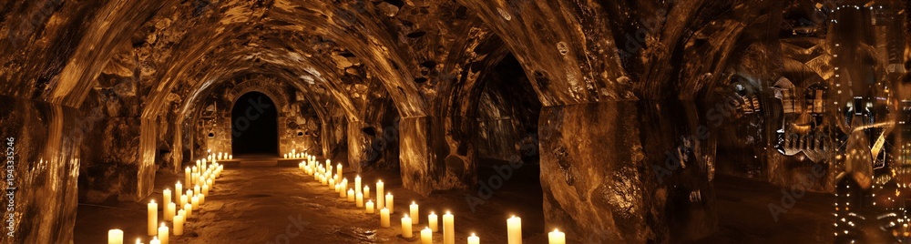 Naklejka premium Underground tunnel lined with lit candles and arched walls