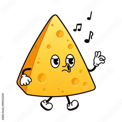 Cheese character whistling song notes in vintage style walk