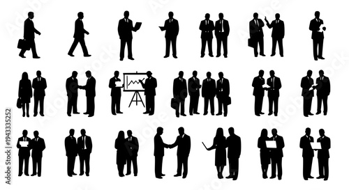 Businessmen and women silhouette set with various professional poses and activities in black featuring businessman,