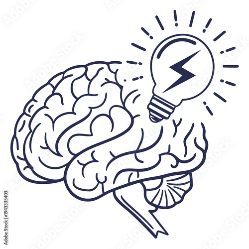 Side view of human brain with light bulb and lightning bolt symbolizing new idea concept invention or creative inspiration illustration