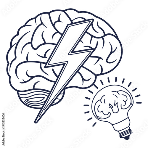Conceptual illustration of human brain with lightning bolt symbol and glowing lightbulb representing bright ideas innovation and creative thinking
