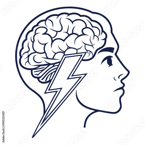Profile of male head with lightning bolt inside brain symbolizing strong idea or intellectual breakthrough concept illustration