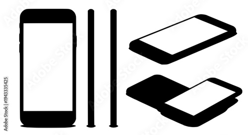 Smartphones set with black silhouettes and white screens on a plain background featuring mobile phones, cell phones,