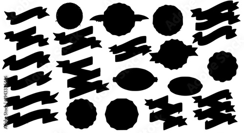 Ribbons and shapes set with black silhouette banners and circular forms on white background featuring silhouettes,