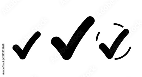 Checkmarks hand drawn with black ink and varying line styles and sizes. featuring check marks, ticks, tick marks with