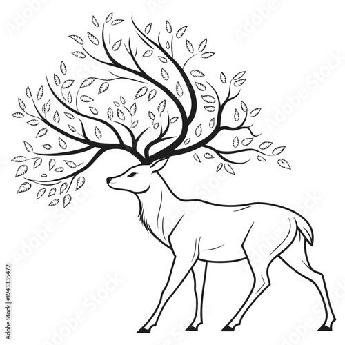 Artistic deer with elaborate tree antlers, black and white line art, symbol of nature's fusion, wild creature in elegant stylized pose