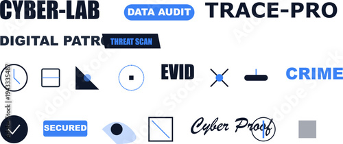 Cybersecurity digital protection icons and text for data audit, threat scan, cybercrime investigation solutions.