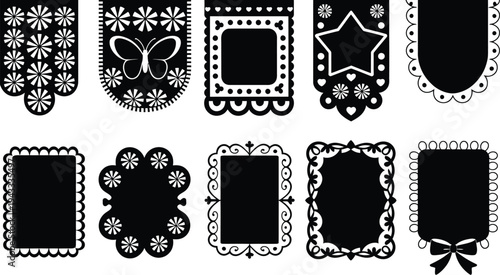 Cinco de Mayo Papel Picado Banner Collection, Floral Paper Cut Mexican Festive Decorations with Empty Space for Text, Traditional Fiesta Flags Design for Celebration, Party Decor Vector Illustration