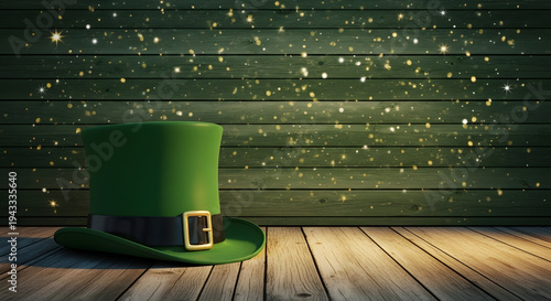 St patricks day green top hat with gold buckle on wooden floor