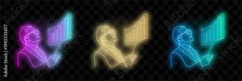 Neon People Using Digital Devices, Glowing Figures With Tablets And Smartphones