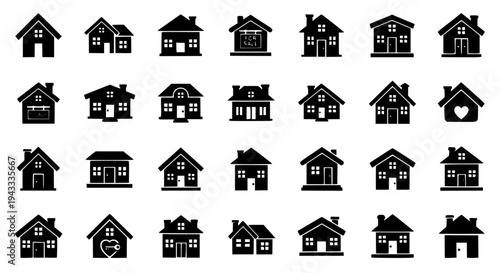 Houses black silhouette set with various architectural details and designs, simple iconic style featuring house, home,