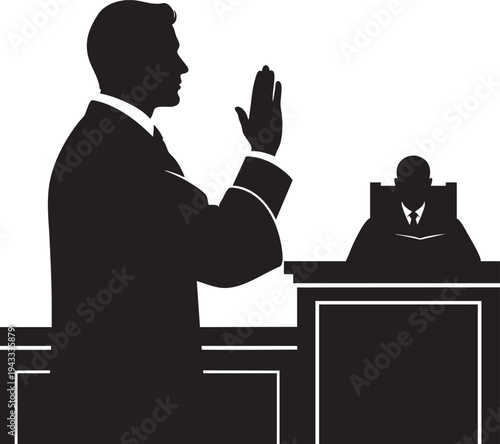 Silhouette of a person taking a solemn oath in a courtroom, symbolizing legal proceedings, justice, and truth-telling