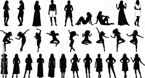 Black silhouette collection of professional business men and women wearing suits, standing in formal poses, and corporate executives isolated on white