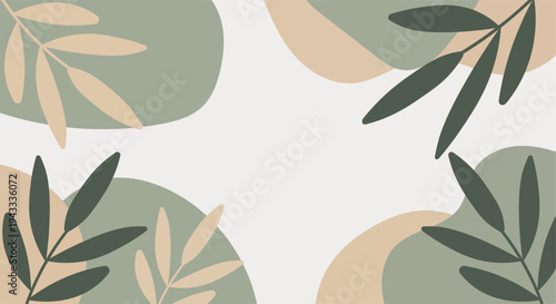 Abstract organic shapes and leaves in muted earthy tones, minimalist background