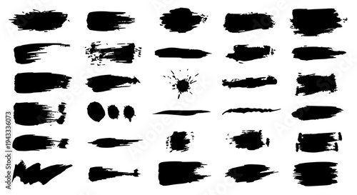Brushstrokes black set with grunge ink textures and splatters on white background featuring brush marks, artistic,