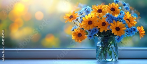 Sunlit yellow & blue flowers in vase, windowsill, bokeh background, greeting card