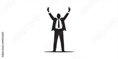 Young man standing and raising hands or arms silhouette. Successful smiling guy. Businessman concept. Career goal logo icon. Victory sign or symbol. Winner pose - Simple vector illustration.