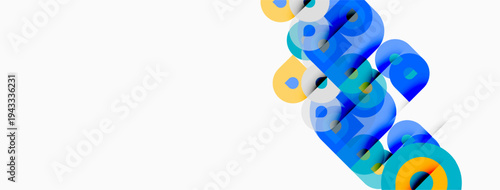 Abstract graphic design features colorful overlapping text elements. Blue, yellow hues dominate white background. Modern aesthetic.