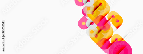 Abstract colorful shapes overlap, creating dynamic visual texture. Pink, orange, yellow hues dominate white background. Modern design element.