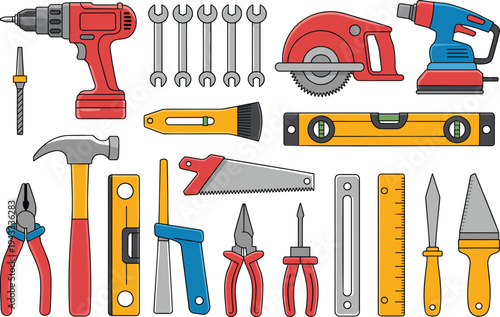 Hand Tools And Power Equipment Set Including Drill Hammer Saw Pliers Wrench And Level For Home Improvement Vector Illustration.