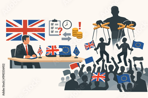 Brexit Negotiations and Political Manipulation Concept Illustration Featuring a Diplomat at a Desk, Puppeteer Controlling Public Opinion, and a Crowd with UK and European Union Flags
