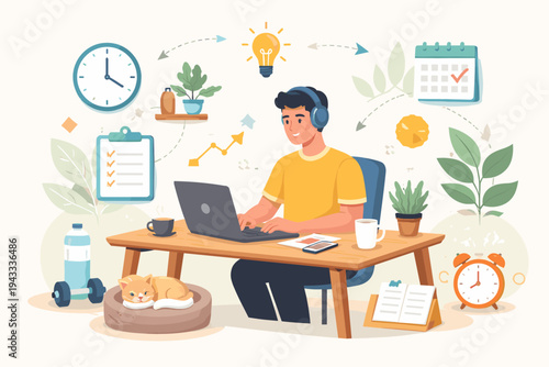 Productive man working from home on laptop with headphones, surrounded by icons for time management, calendar, ideas, and checklist. Flat vector illustration of remote work and home office setup.