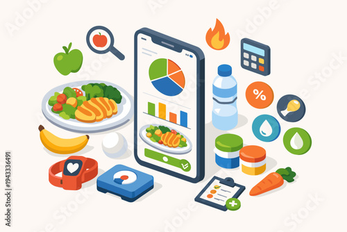 Healthy lifestyle nutrition app on smartphone with isometric icons for calorie counting, meal tracking, diet planning, fitness data, healthy food, water intake, and weight loss management.