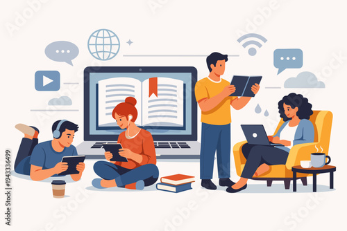 Flat Vector Illustration of People Reading and Studying Using Modern Technology and Books, Online Education, E-learning, Digital Literature, and Remote Learning Concept with Diverse Students