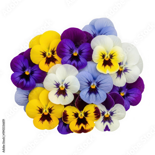 A vibrant bouquet of purple and yellow pansies in full bloom isolated on white background