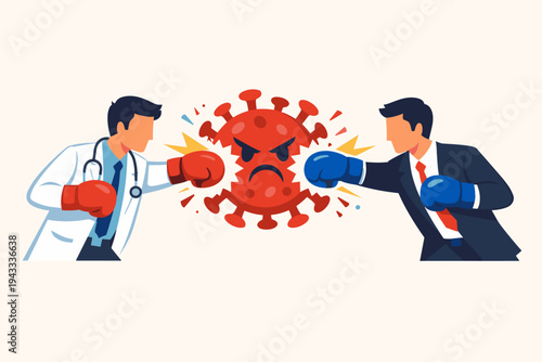 Vector illustration of a doctor and a businessman wearing boxing gloves and punching a red coronavirus cell, representing the global battle against COVID-19 pandemic in healthcare and economy.