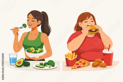 Comparison vector of a fit athletic woman eating healthy green salad and broccoli versus an overweight woman consuming junk food like burgers, pizza, and french fries for a lifestyle concept.