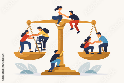 Diverse group of people helping each other climb and balance the scales of justice vector illustration, symbolizing social equality, teamwork, fairness, human rights, and community support.