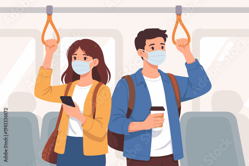 People Wearing Face Masks on Public Transport Vector Illustration. Man and Woman Commuting on Bus or Train with Smartphone and Coffee. New Normal Lifestyle and Pandemic Safety Concept.