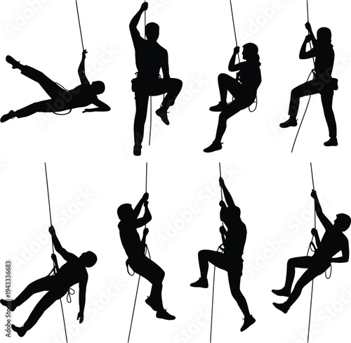 Rock Climber Silhouettes Rappelling Down Rope on White Background