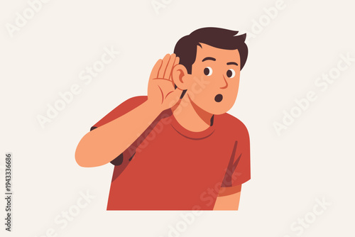 Vector illustration of a nosy man with a hand to his ear gesture listening carefully to a secret or gossip. Surprised male character eavesdropping on a conversation. Simple flat design element.