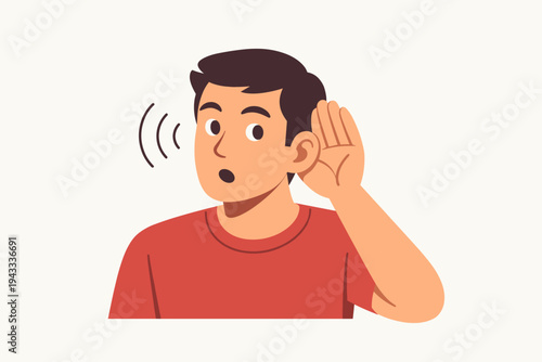 Vector illustration of a curious man in a red shirt cupping his hand to his ear to listen carefully or eavesdrop on a secret conversation, showing a surprised facial expression on white background