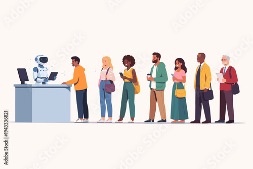 Vector illustration of a diverse group of people waiting in a long queue at a service counter where a robot assistant is working. Concept of future automation, artificial intelligence, and service.