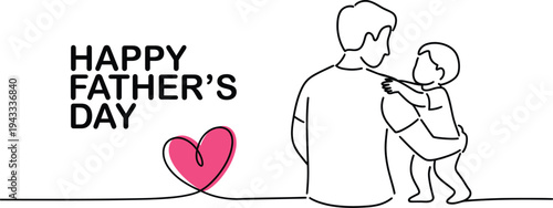 Minimalist continuous line illustration of father and child hugging for Happy Father's Day, pink heart