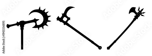 Medieval mace weapon set with a solid black spiked silhouette featuring historical armament, ancient weaponry, and an old war fighting tool with high contrast background