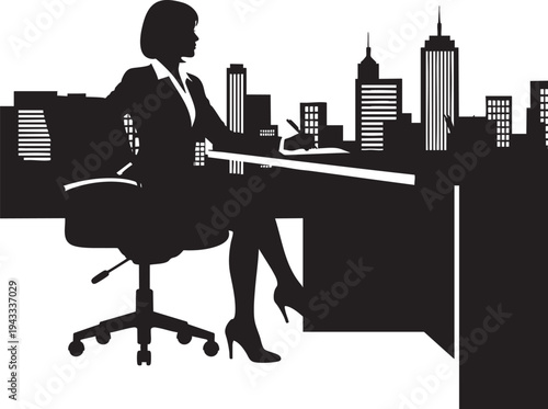 Silhouette of a professional woman working diligently at her desk against an urban city skyline