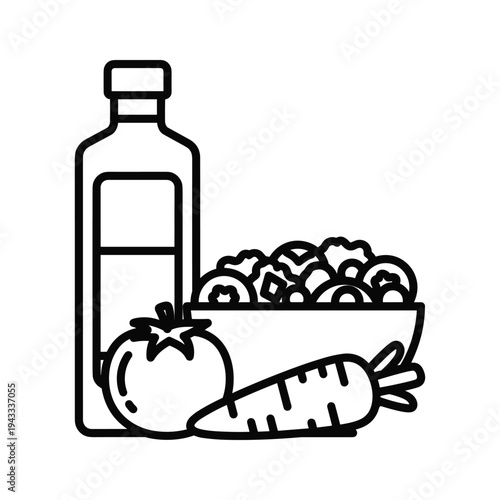 Healthy Food Ingredients Icon: Oil Bottle, Salad Bowl, Tomato, Carrot Line Art