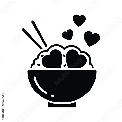 Cute Heart Shaped Food Bowl Icon with Chopsticks and Love Hearts