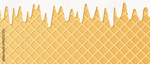 Ice cream waffle texture. White ice cream melted on waffle background.